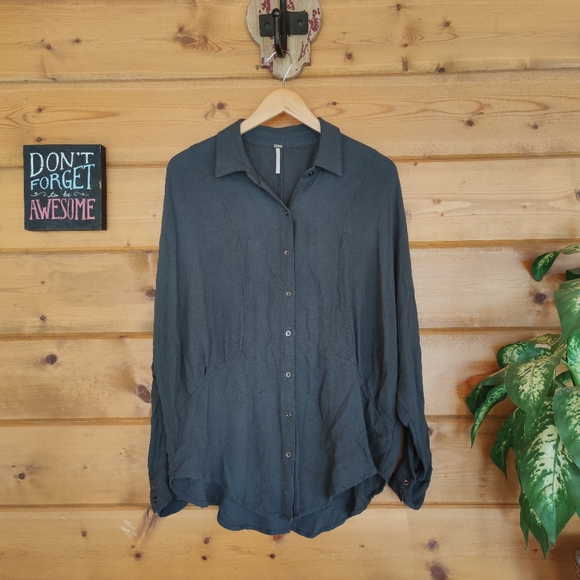 Free People 💜 Herringbone True Affection Button Down Blouse Boho Slouch Medium - Picture 1 of 8